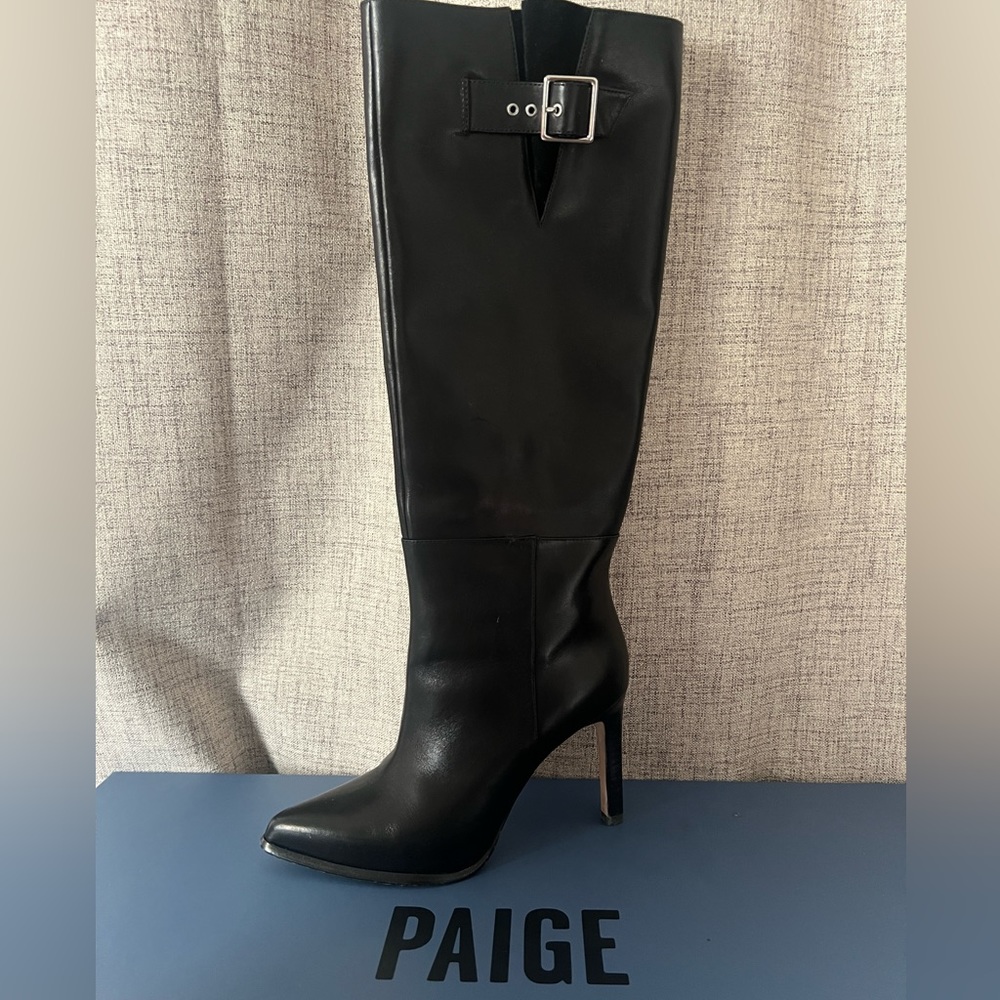 PAIGE WOMEN HAZEL POINTY TOE BLACK LEATHER BUCKLE KNEE BOOTS